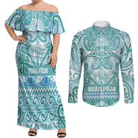 Aotearoa Iwi Ngati Paoa Couples Matching Off Shoulder Maxi Dress and Long Sleeve Button Shirt Maori Wharenui House Tribal Pattern