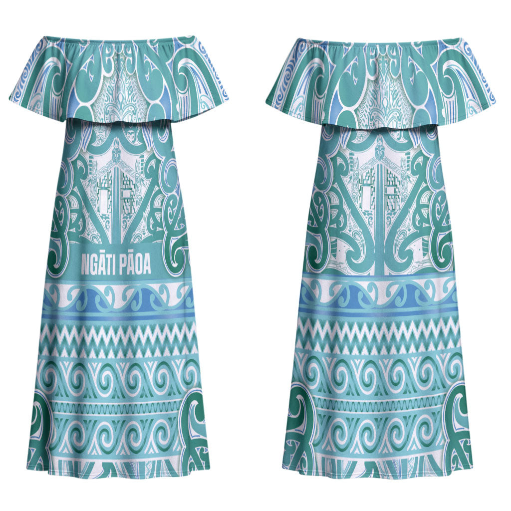 Aotearoa Iwi Ngati Paoa Couples Matching Off Shoulder Maxi Dress and Long Sleeve Button Shirt Maori Wharenui House Tribal Pattern