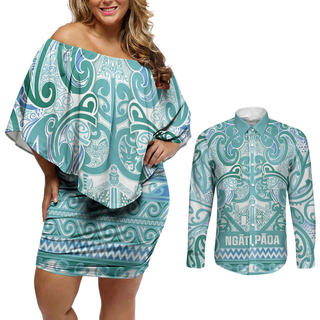 Aotearoa Iwi Ngati Paoa Couples Matching Off Shoulder Short Dress and Long Sleeve Button Shirt Maori Wharenui House Tribal Pattern