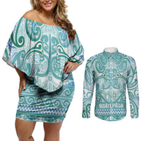 Aotearoa Iwi Ngati Paoa Couples Matching Off Shoulder Short Dress and Long Sleeve Button Shirt Maori Wharenui House Tribal Pattern