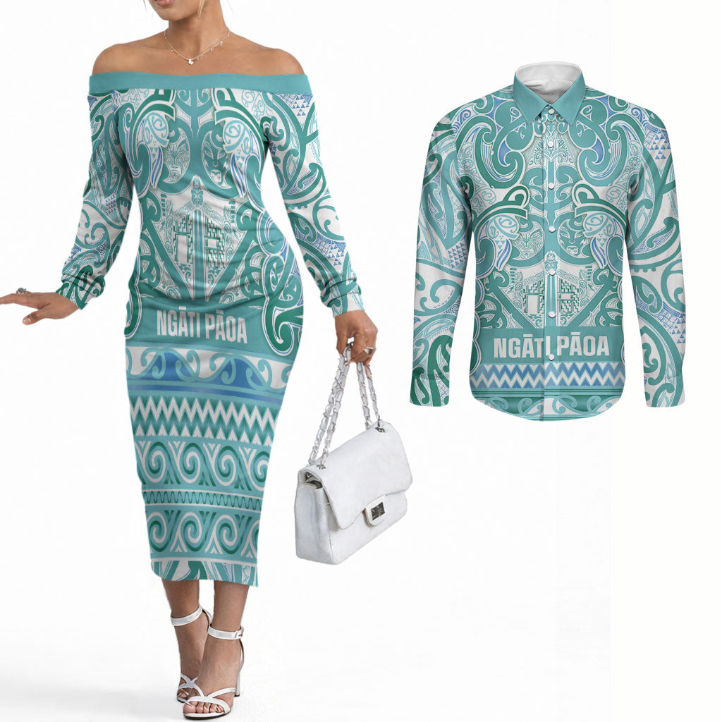 Aotearoa Iwi Ngati Paoa Couples Matching Off The Shoulder Long Sleeve Dress and Long Sleeve Button Shirt Maori Wharenui House Tribal Pattern
