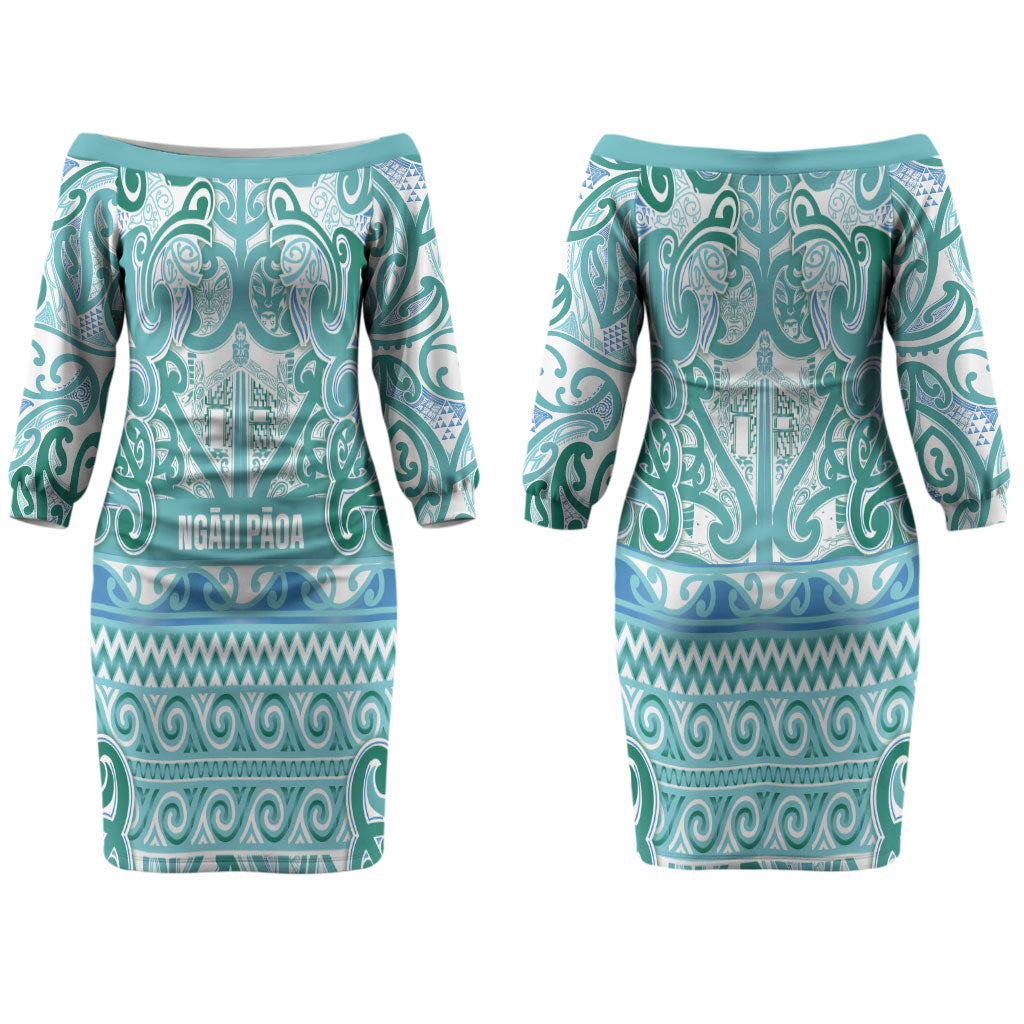 Aotearoa Iwi Ngati Paoa Couples Matching Off The Shoulder Long Sleeve Dress and Long Sleeve Button Shirt Maori Wharenui House Tribal Pattern