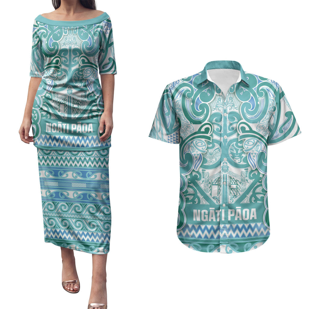 Aotearoa Iwi Ngati Paoa Couples Matching Puletasi and Hawaiian Shirt Maori Wharenui House Tribal Pattern