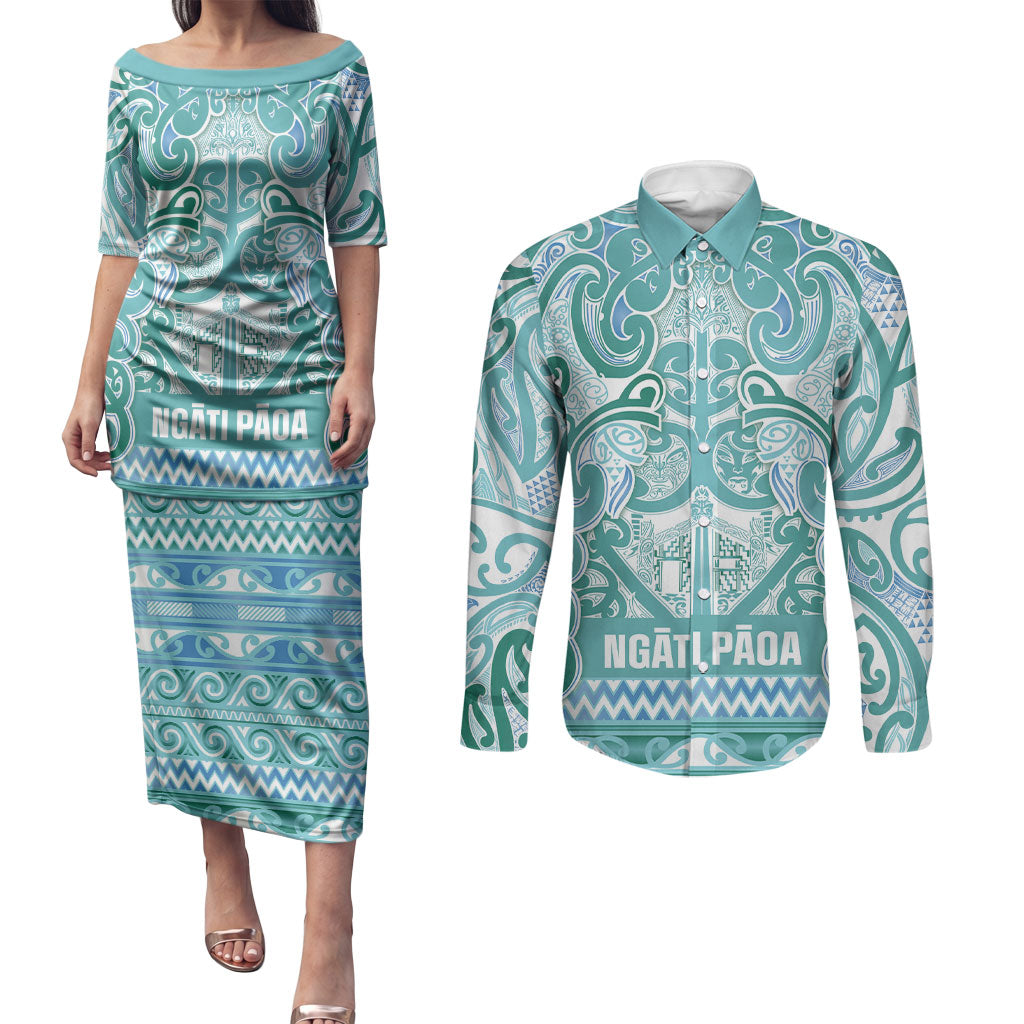 Aotearoa Iwi Ngati Paoa Couples Matching Puletasi and Long Sleeve Button Shirt Maori Wharenui House Tribal Pattern