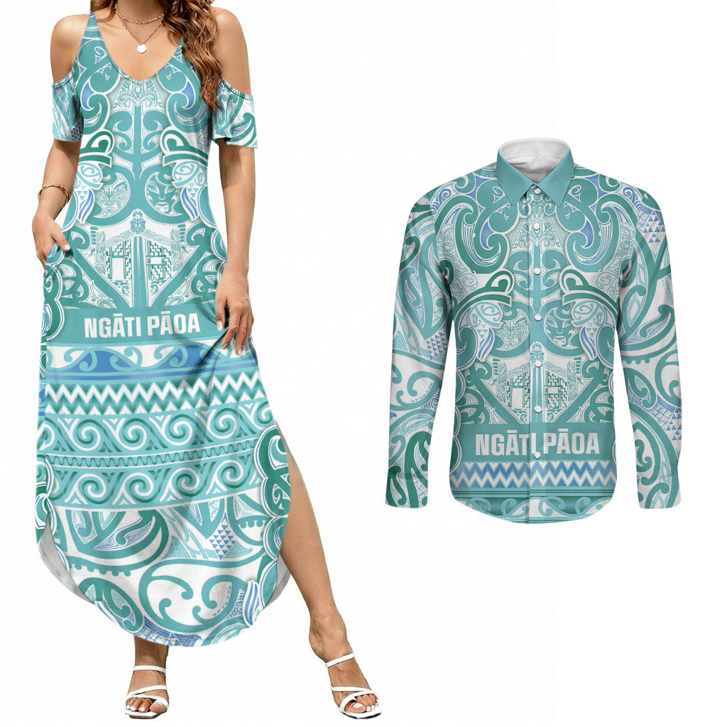 Aotearoa Iwi Ngati Paoa Couples Matching Summer Maxi Dress and Long Sleeve Button Shirt Maori Wharenui House Tribal Pattern