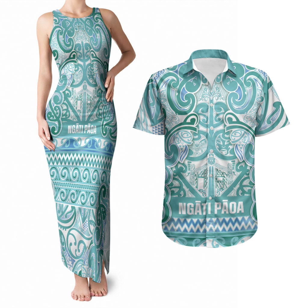 Aotearoa Iwi Ngati Paoa Couples Matching Tank Maxi Dress and Hawaiian Shirt Maori Wharenui House Tribal Pattern
