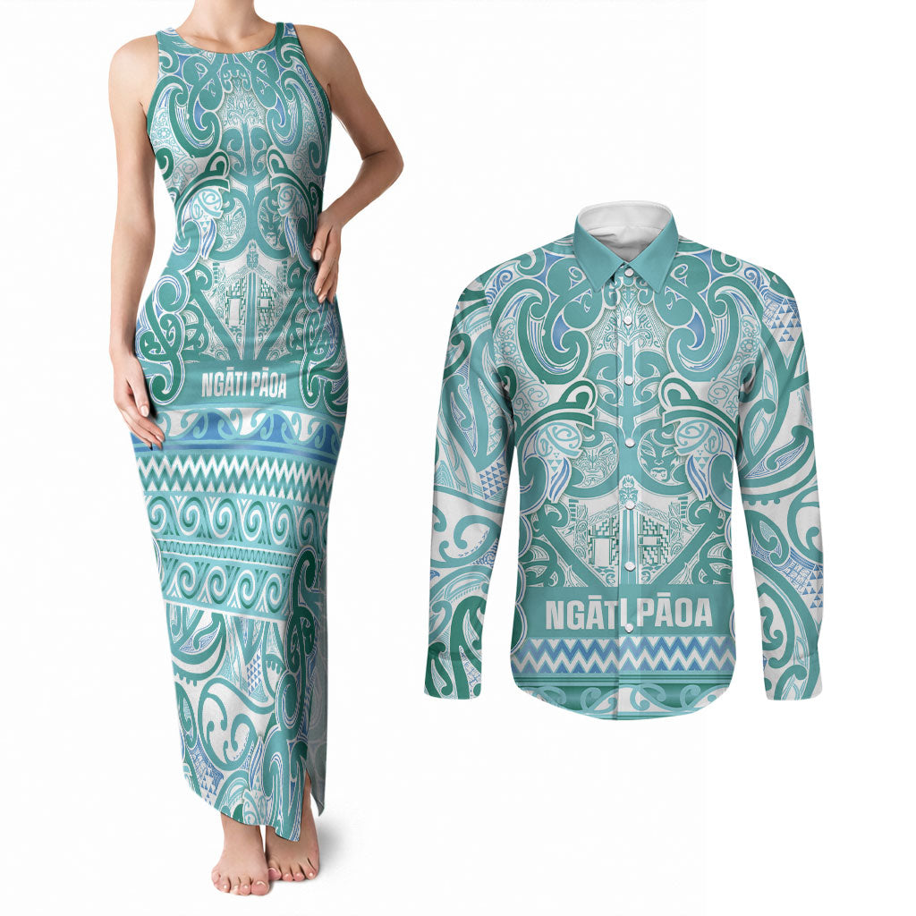 Aotearoa Iwi Ngati Paoa Couples Matching Tank Maxi Dress and Long Sleeve Button Shirt Maori Wharenui House Tribal Pattern