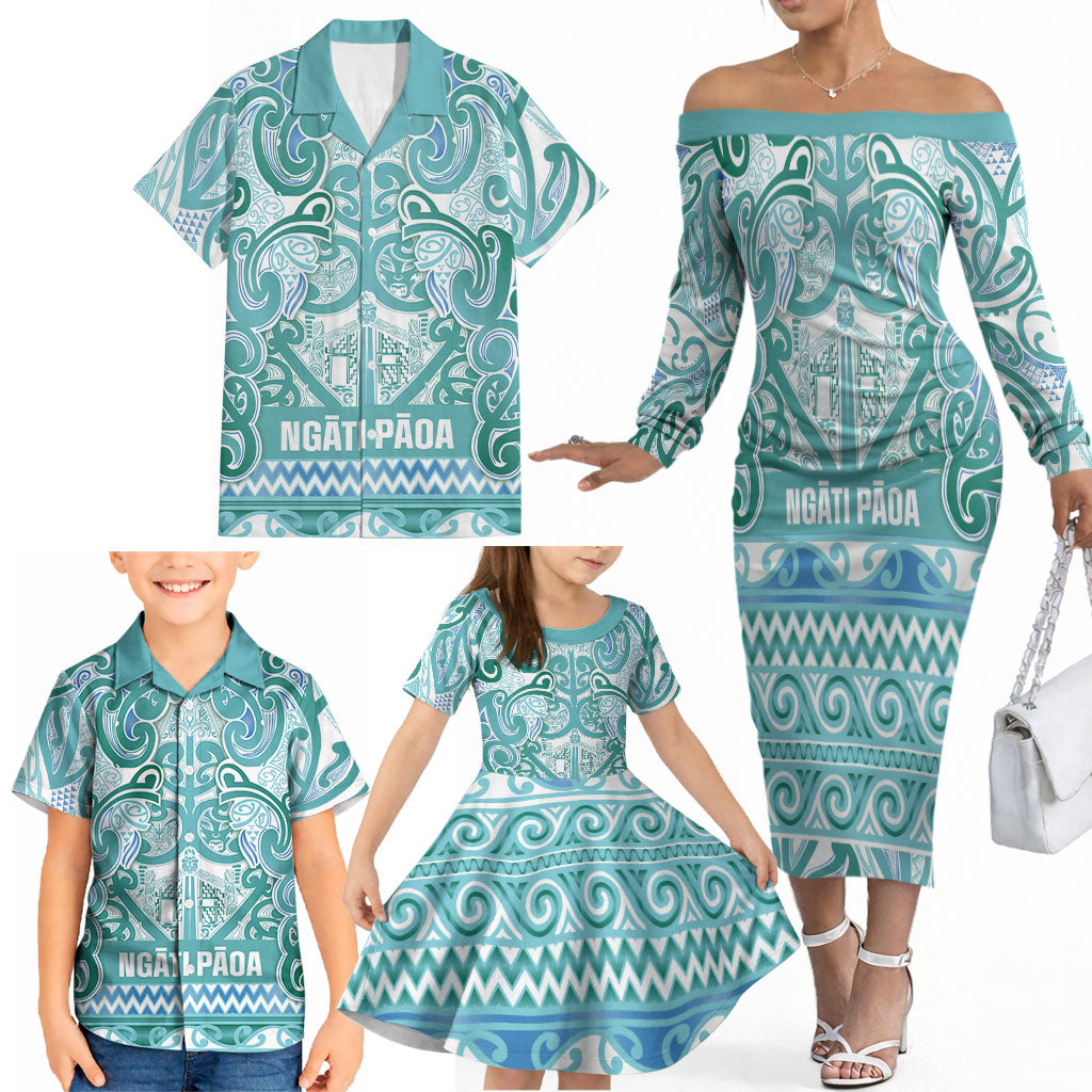 Aotearoa Iwi Ngati Paoa Family Matching Off The Shoulder Long Sleeve Dress and Hawaiian Shirt Maori Wharenui House Tribal Pattern