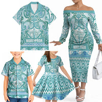 Aotearoa Iwi Ngati Paoa Family Matching Off The Shoulder Long Sleeve Dress and Hawaiian Shirt Maori Wharenui House Tribal Pattern