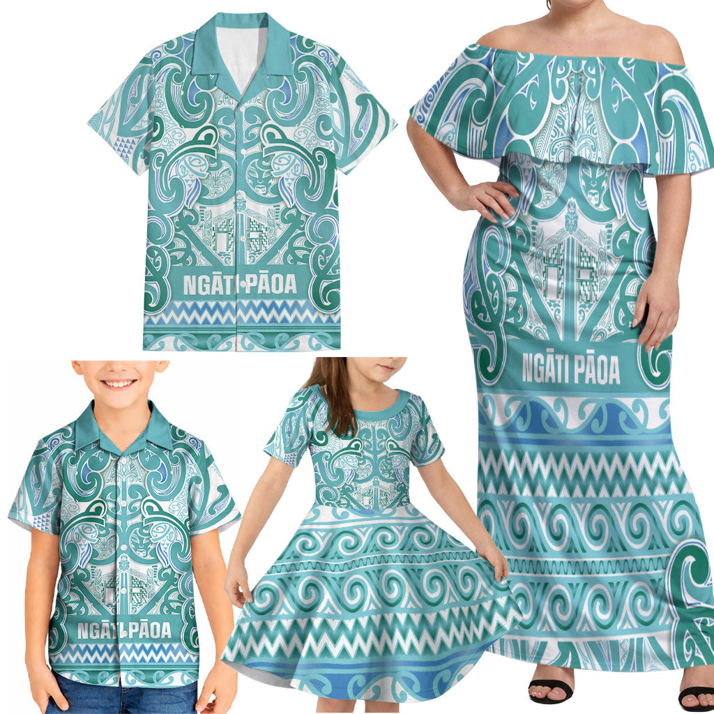 Aotearoa Iwi Ngati Paoa Family Matching Off Shoulder Maxi Dress and Hawaiian Shirt Maori Wharenui House Tribal Pattern