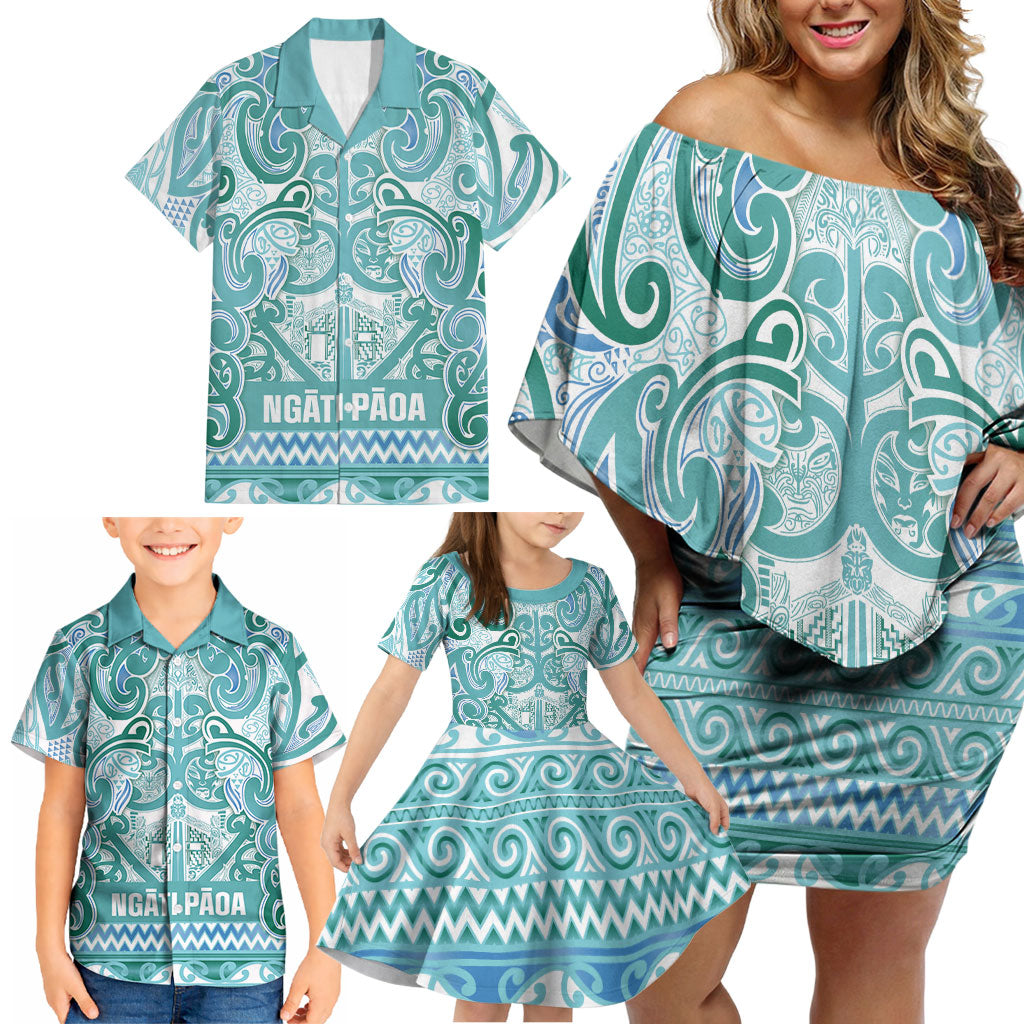 Aotearoa Iwi Ngati Paoa Family Matching Off Shoulder Short Dress and Hawaiian Shirt Maori Wharenui House Tribal Pattern