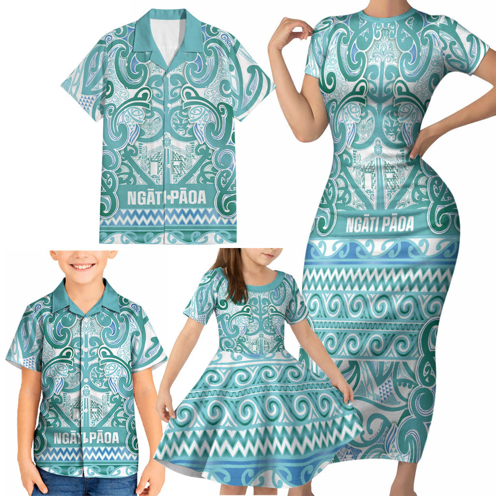 Aotearoa Iwi Ngati Paoa Family Matching Short Sleeve Bodycon Dress and Hawaiian Shirt Maori Wharenui House Tribal Pattern