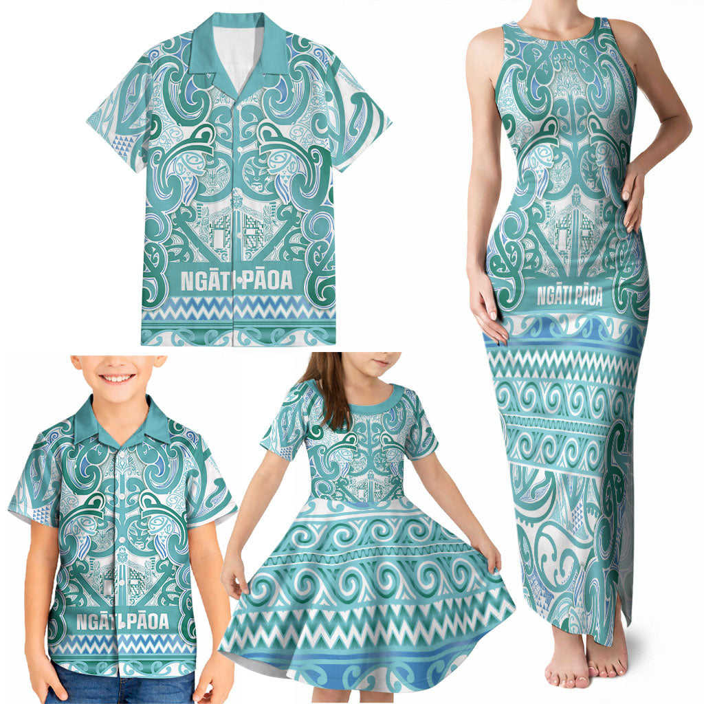 Aotearoa Iwi Ngati Paoa Family Matching Tank Maxi Dress and Hawaiian Shirt Maori Wharenui House Tribal Pattern