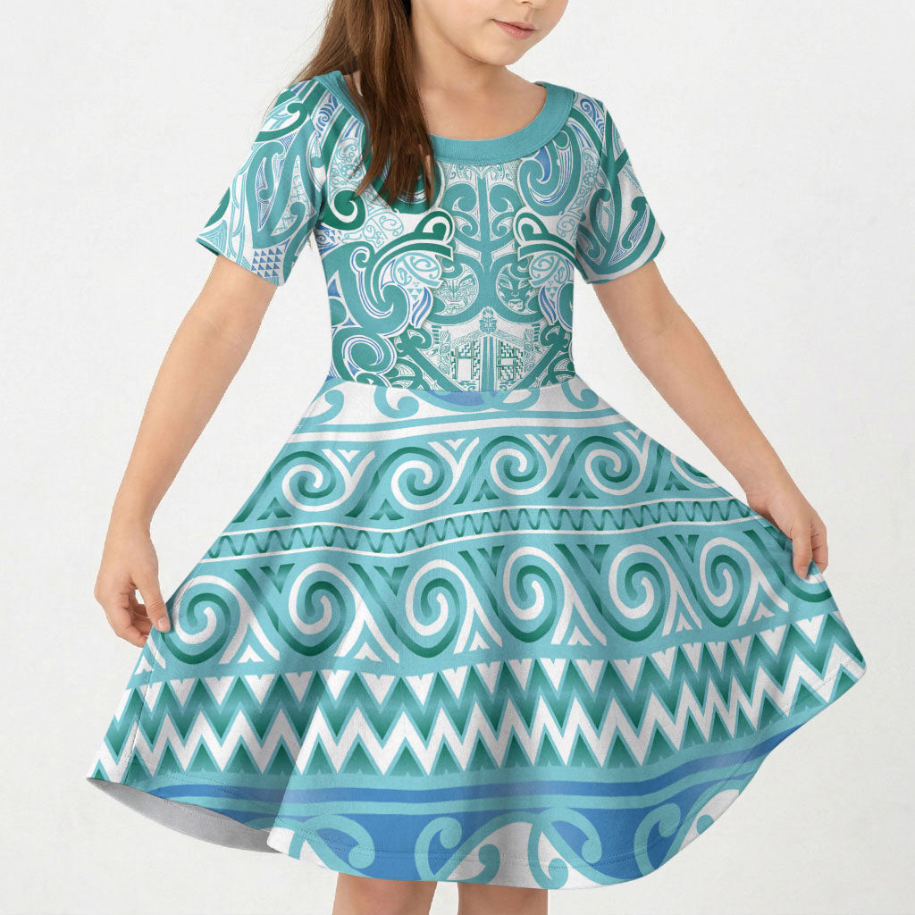 Aotearoa Iwi Ngati Paoa Kid Short Sleeve Dress Maori Wharenui House Tribal Pattern LT9 KID Turquoise - Polynesian Pride
