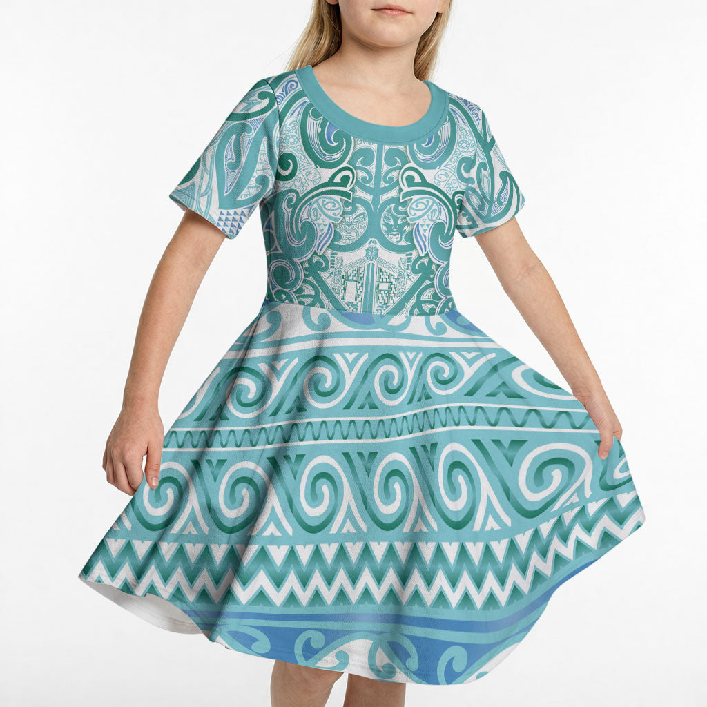 Aotearoa Iwi Ngati Paoa Kid Short Sleeve Dress Maori Wharenui House Tribal Pattern