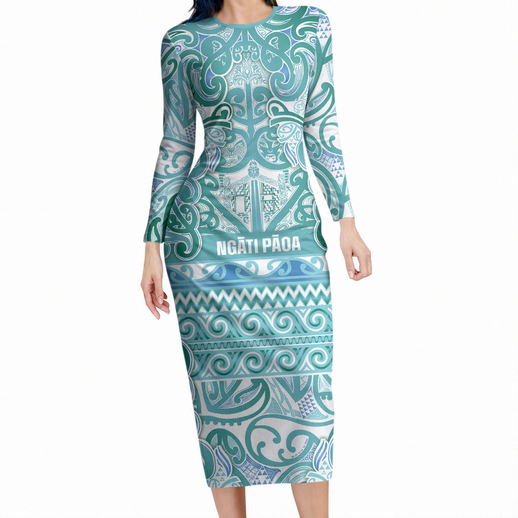 Aotearoa Iwi Ngati Paoa Long Sleeve Bodycon Dress Maori Wharenui House Tribal Pattern