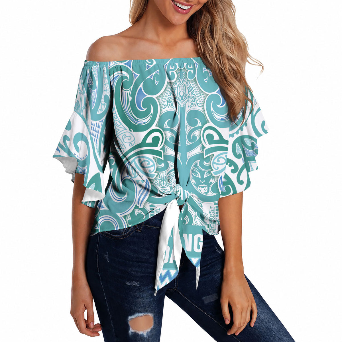 Aotearoa Iwi Ngati Paoa Off Shoulder Wrap Waist Top Maori Wharenui House Tribal Pattern