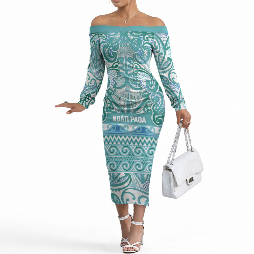 Aotearoa Iwi Ngati Paoa Off The Shoulder Long Sleeve Dress Maori Wharenui House Tribal Pattern