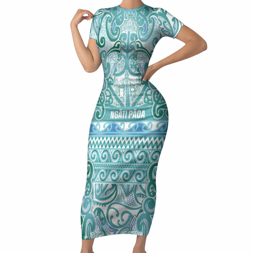 Aotearoa Iwi Ngati Paoa Short Sleeve Bodycon Dress Maori Wharenui House Tribal Pattern