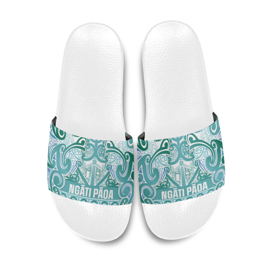Aotearoa Iwi Ngati Paoa Slide Sandals Maori Wharenui House Tribal Pattern