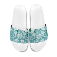 Aotearoa Iwi Ngati Paoa Slide Sandals Maori Wharenui House Tribal Pattern