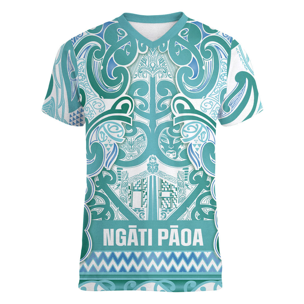 Aotearoa Iwi Ngati Paoa Women V-Neck T-Shirt Maori Wharenui House Tribal Pattern