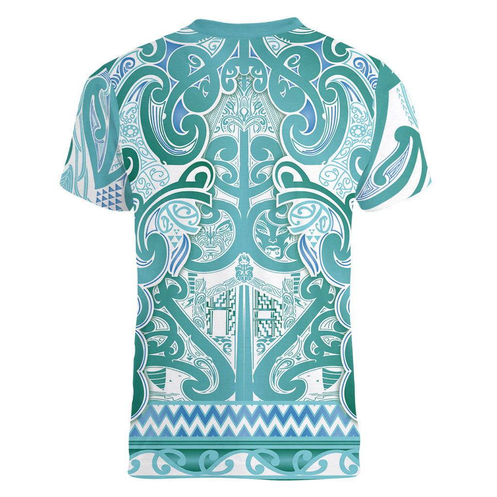 Aotearoa Iwi Ngati Paoa Women V-Neck T-Shirt Maori Wharenui House Tribal Pattern