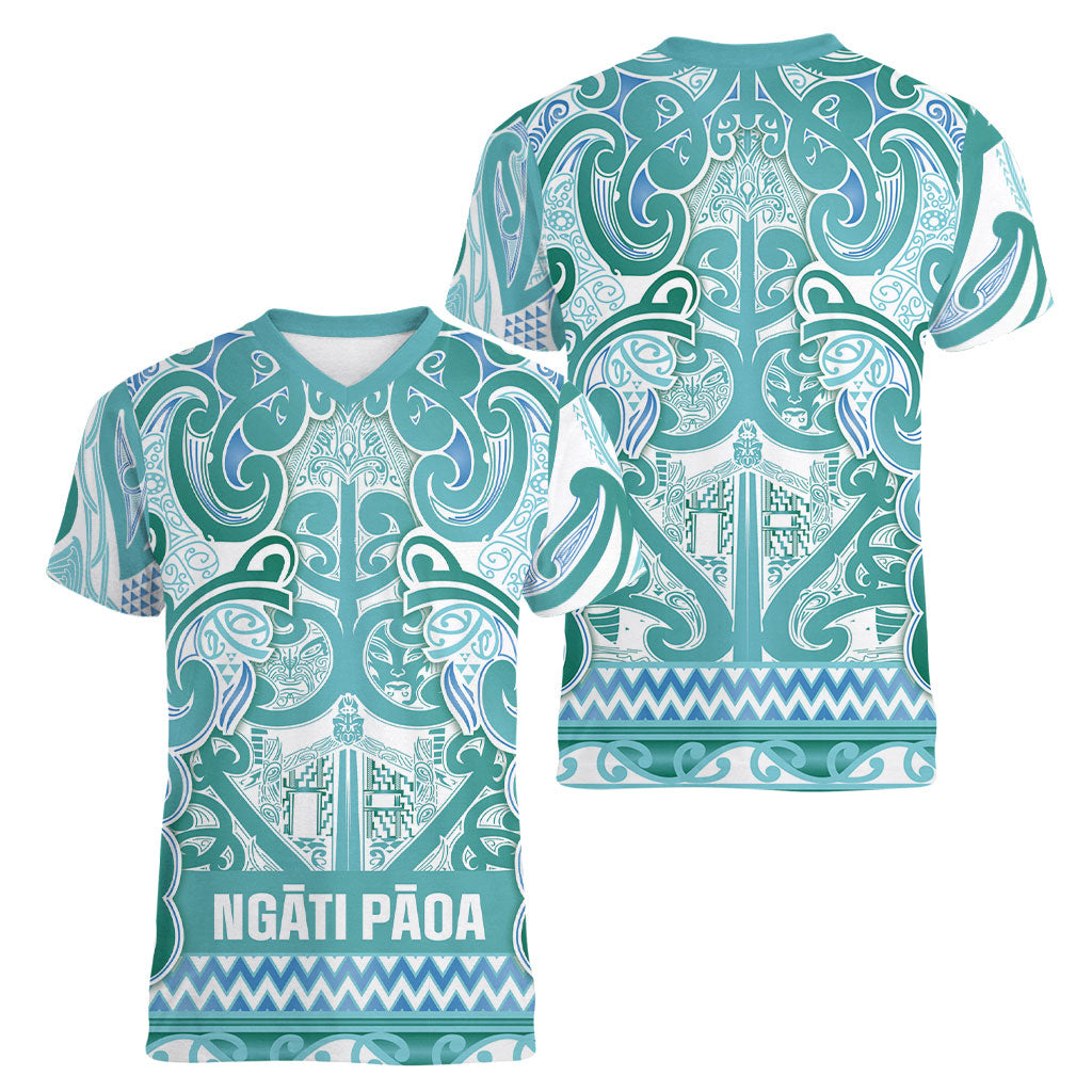 Aotearoa Iwi Ngati Paoa Women V-Neck T-Shirt Maori Wharenui House Tribal Pattern