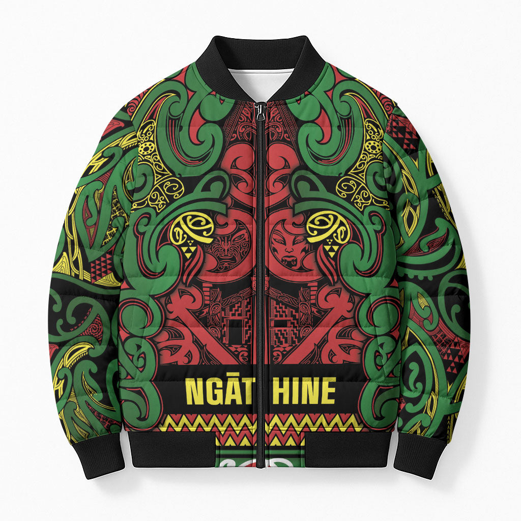 Aotearoa Iwi Ngati Hine Bomber Puffer Jacket Maori Wharenui House Tribal Pattern