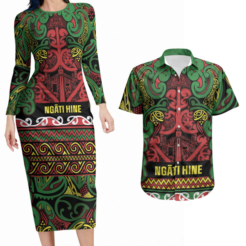 Aotearoa Iwi Ngati Hine Couples Matching Long Sleeve Bodycon Dress and Hawaiian Shirt Maori Wharenui House Tribal Pattern