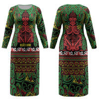 Aotearoa Iwi Ngati Hine Couples Matching Long Sleeve Bodycon Dress and Hawaiian Shirt Maori Wharenui House Tribal Pattern