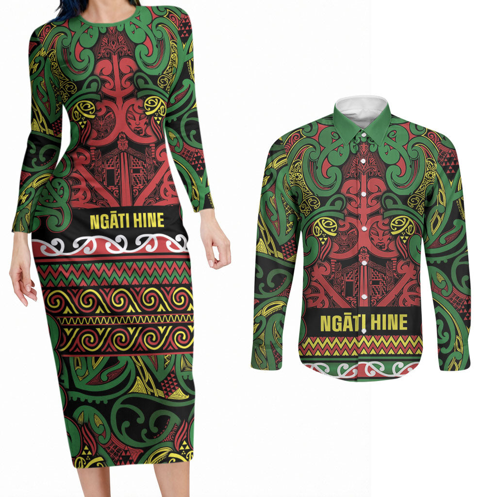 Aotearoa Iwi Ngati Hine Couples Matching Long Sleeve Bodycon Dress and Long Sleeve Button Shirt Maori Wharenui House Tribal Pattern