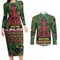 Aotearoa Iwi Ngati Hine Couples Matching Long Sleeve Bodycon Dress and Long Sleeve Button Shirt Maori Wharenui House Tribal Pattern