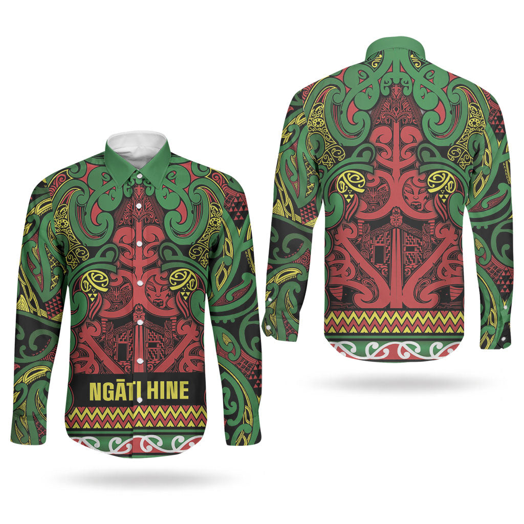 Aotearoa Iwi Ngati Hine Couples Matching Long Sleeve Bodycon Dress and Long Sleeve Button Shirt Maori Wharenui House Tribal Pattern