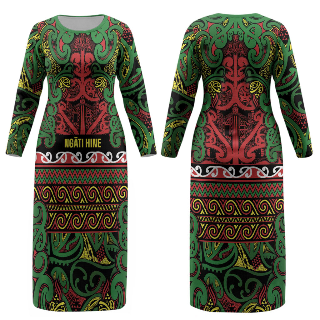 Aotearoa Iwi Ngati Hine Couples Matching Long Sleeve Bodycon Dress and Long Sleeve Button Shirt Maori Wharenui House Tribal Pattern