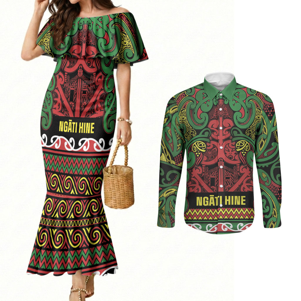 Aotearoa Iwi Ngati Hine Couples Matching Mermaid Dress and Long Sleeve Button Shirt Maori Wharenui House Tribal Pattern