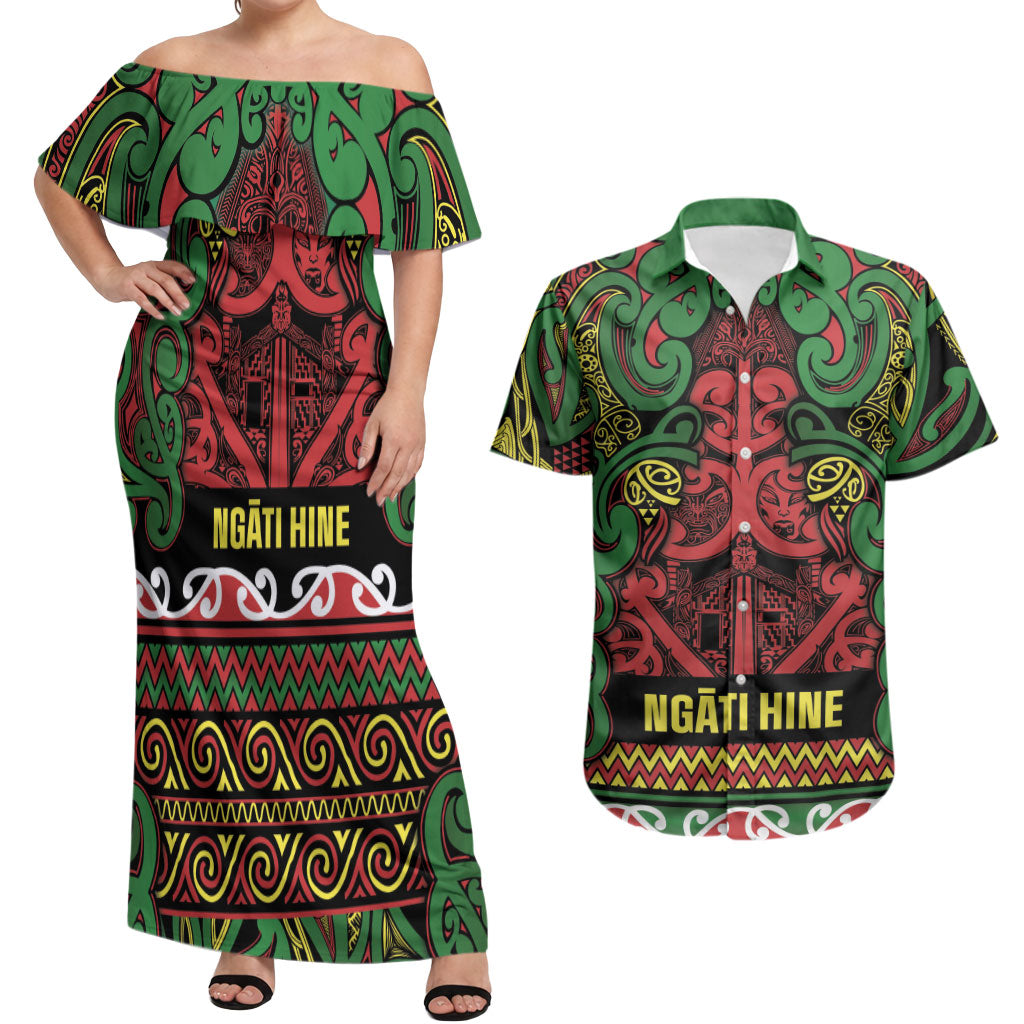 Aotearoa Iwi Ngati Hine Couples Matching Off Shoulder Maxi Dress and Hawaiian Shirt Maori Wharenui House Tribal Pattern