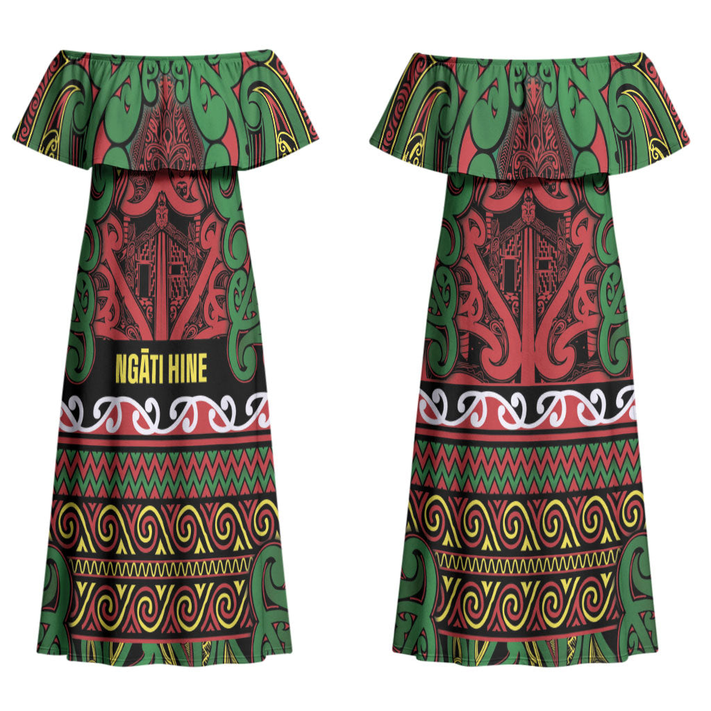 Aotearoa Iwi Ngati Hine Couples Matching Off Shoulder Maxi Dress and Hawaiian Shirt Maori Wharenui House Tribal Pattern