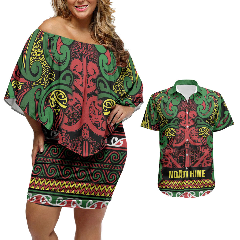 Aotearoa Iwi Ngati Hine Couples Matching Off Shoulder Short Dress and Hawaiian Shirt Maori Wharenui House Tribal Pattern