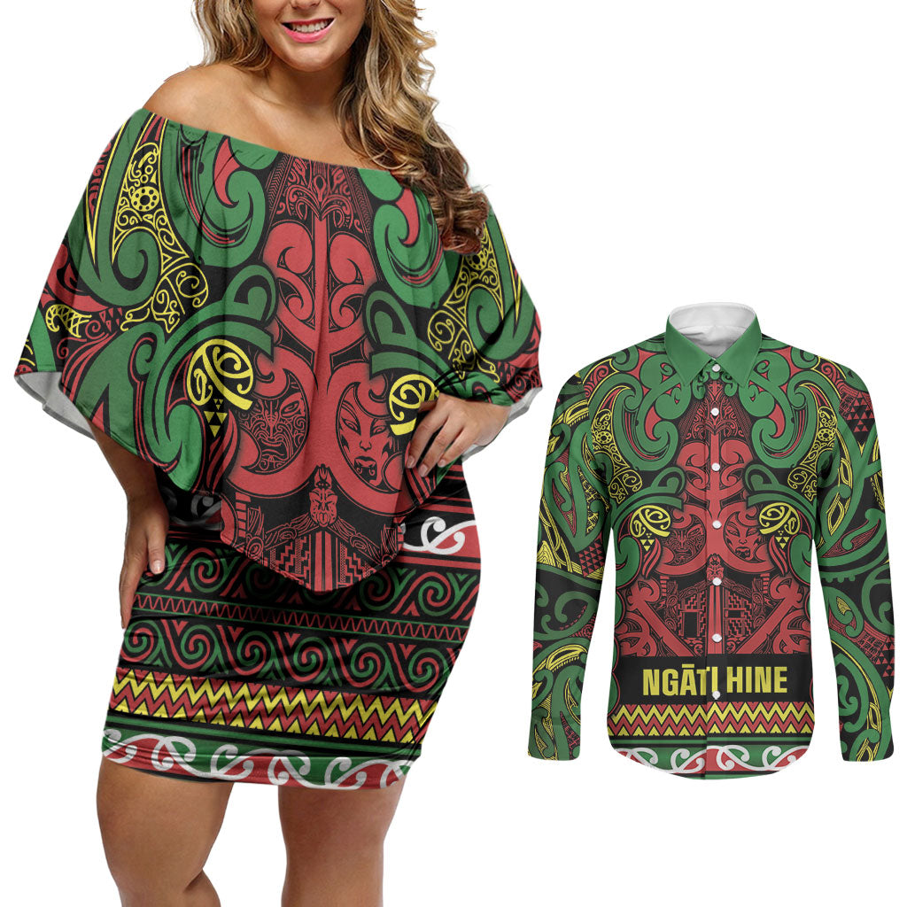 Aotearoa Iwi Ngati Hine Couples Matching Off Shoulder Short Dress and Long Sleeve Button Shirt Maori Wharenui House Tribal Pattern