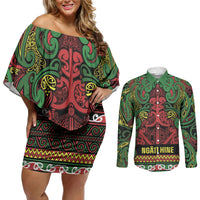 Aotearoa Iwi Ngati Hine Couples Matching Off Shoulder Short Dress and Long Sleeve Button Shirt Maori Wharenui House Tribal Pattern