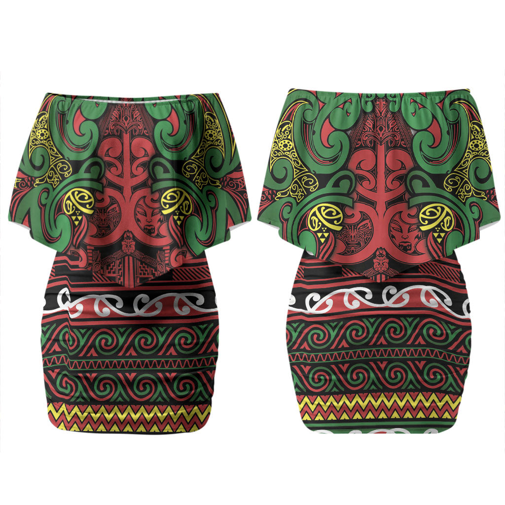 Aotearoa Iwi Ngati Hine Couples Matching Off Shoulder Short Dress and Long Sleeve Button Shirt Maori Wharenui House Tribal Pattern