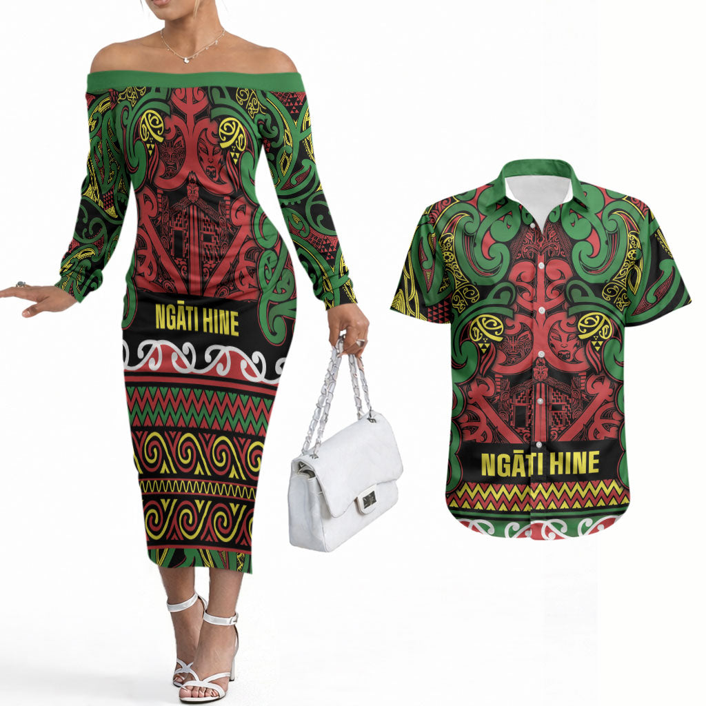 Aotearoa Iwi Ngati Hine Couples Matching Off The Shoulder Long Sleeve Dress and Hawaiian Shirt Maori Wharenui House Tribal Pattern