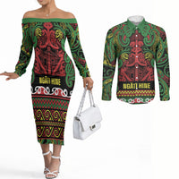 Aotearoa Iwi Ngati Hine Couples Matching Off The Shoulder Long Sleeve Dress and Long Sleeve Button Shirt Maori Wharenui House Tribal Pattern