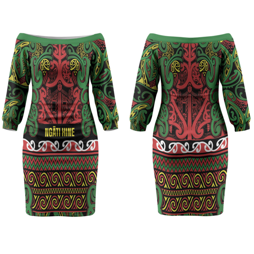 Aotearoa Iwi Ngati Hine Couples Matching Off The Shoulder Long Sleeve Dress and Long Sleeve Button Shirt Maori Wharenui House Tribal Pattern