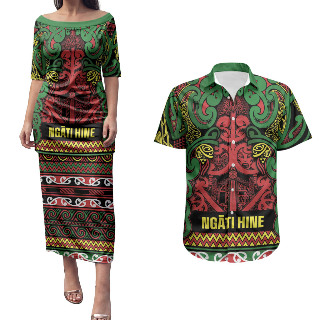 Aotearoa Iwi Ngati Hine Couples Matching Puletasi and Hawaiian Shirt Maori Wharenui House Tribal Pattern