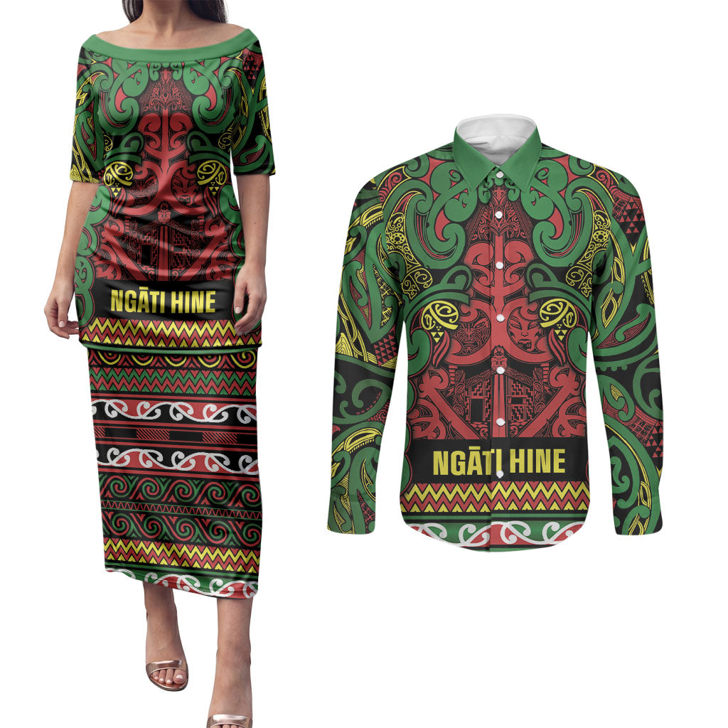 Aotearoa Iwi Ngati Hine Couples Matching Puletasi and Long Sleeve Button Shirt Maori Wharenui House Tribal Pattern