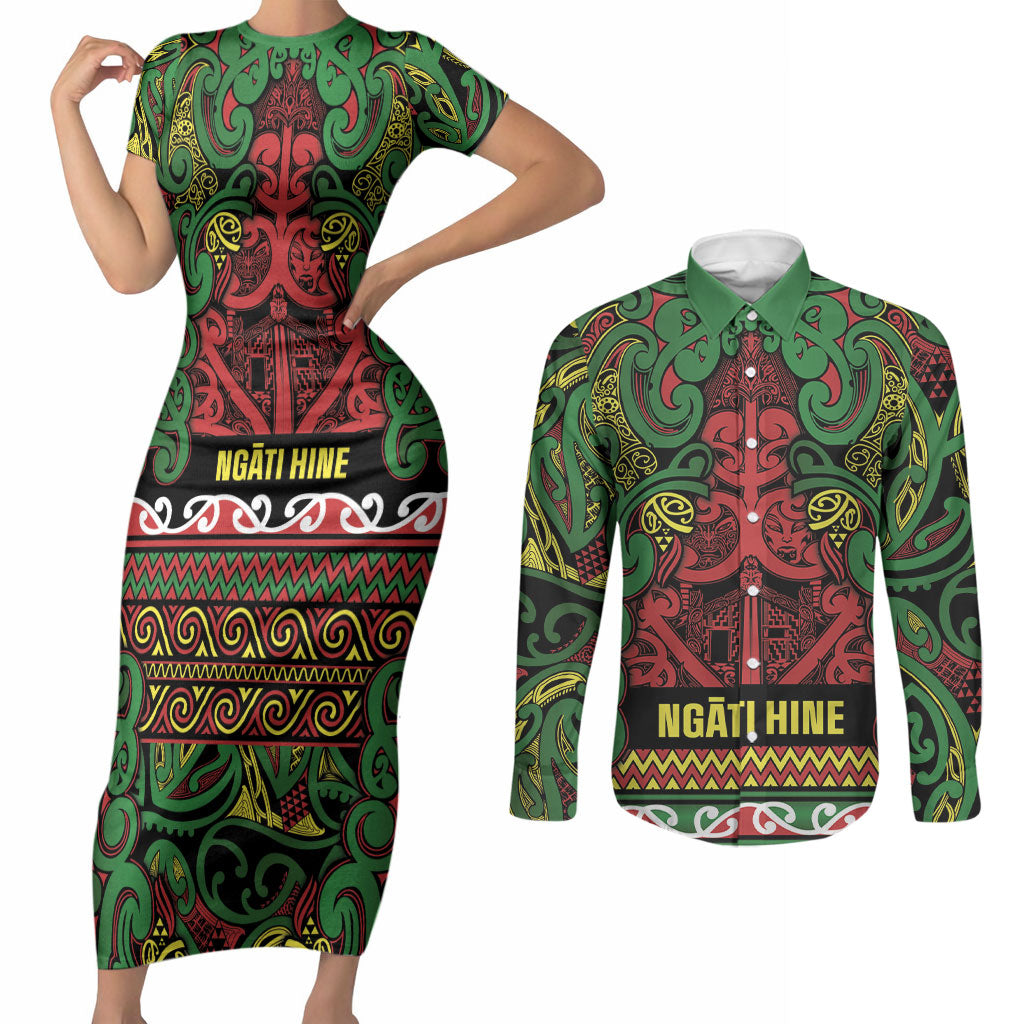 Aotearoa Iwi Ngati Hine Couples Matching Short Sleeve Bodycon Dress and Long Sleeve Button Shirt Maori Wharenui House Tribal Pattern