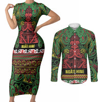 Aotearoa Iwi Ngati Hine Couples Matching Short Sleeve Bodycon Dress and Long Sleeve Button Shirt Maori Wharenui House Tribal Pattern
