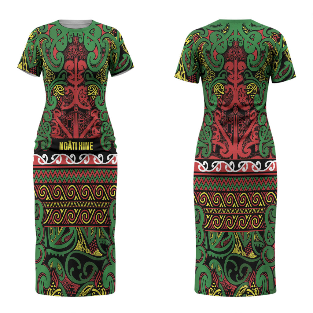 Aotearoa Iwi Ngati Hine Couples Matching Short Sleeve Bodycon Dress and Long Sleeve Button Shirt Maori Wharenui House Tribal Pattern